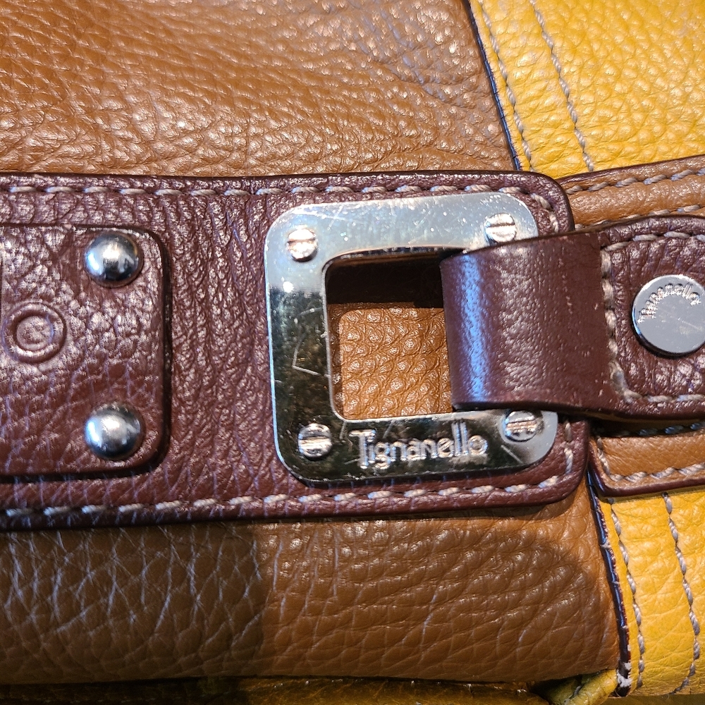 Tignanello Mustard Yellow and Brown Leather Purse/Shoulder Bag Multi Conpartment - Picture 4 of 14